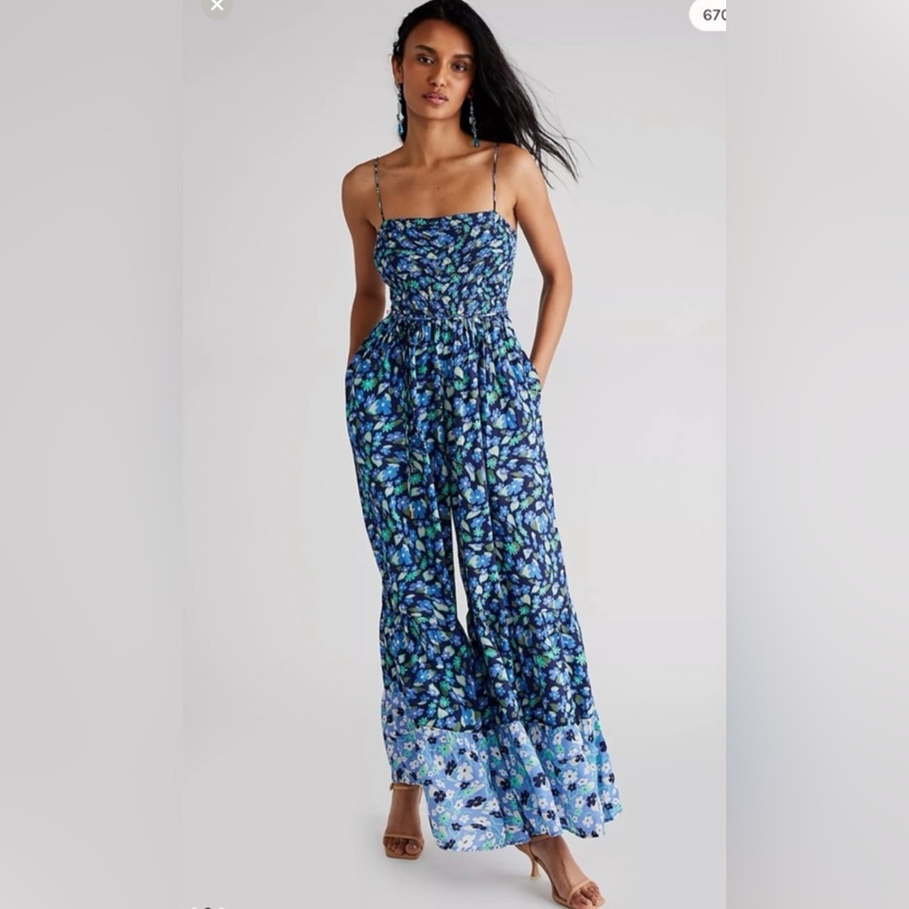 NWOT Free people blue floral Little Of Your Love Jumpsuit XS